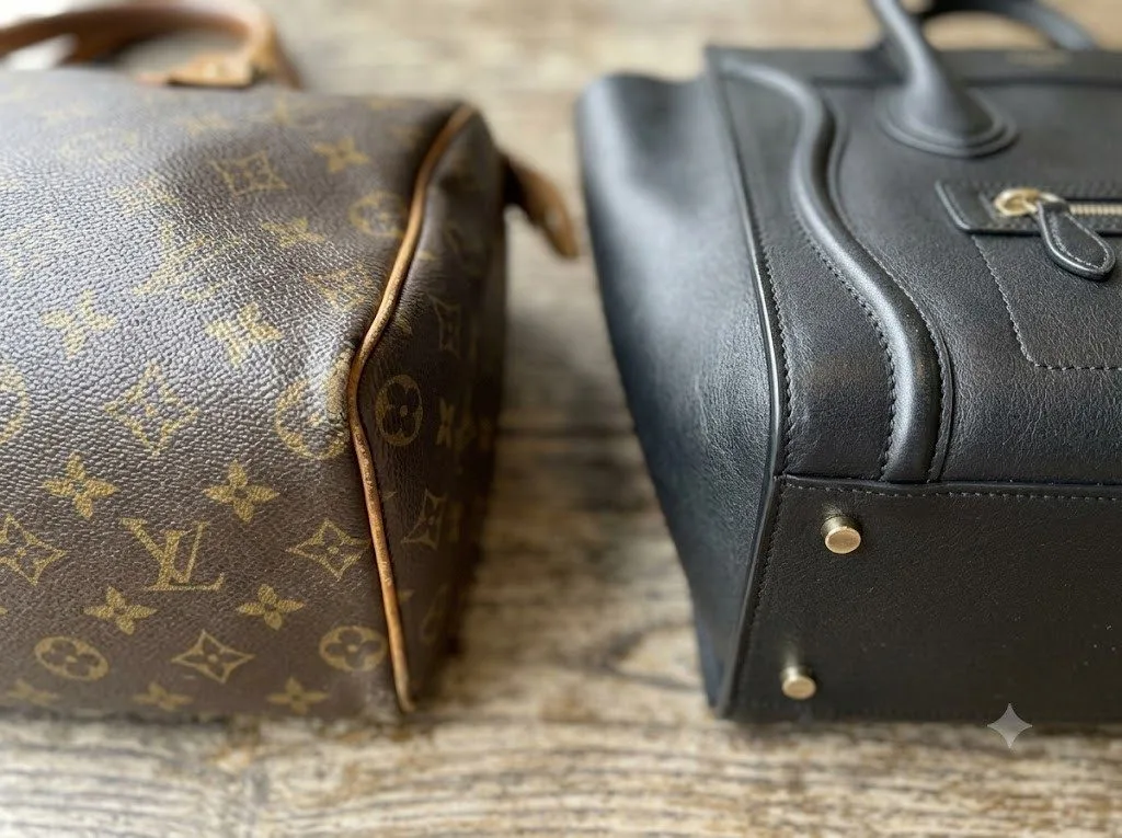 Close-up of handbag corner wear compared with an unworn corner
