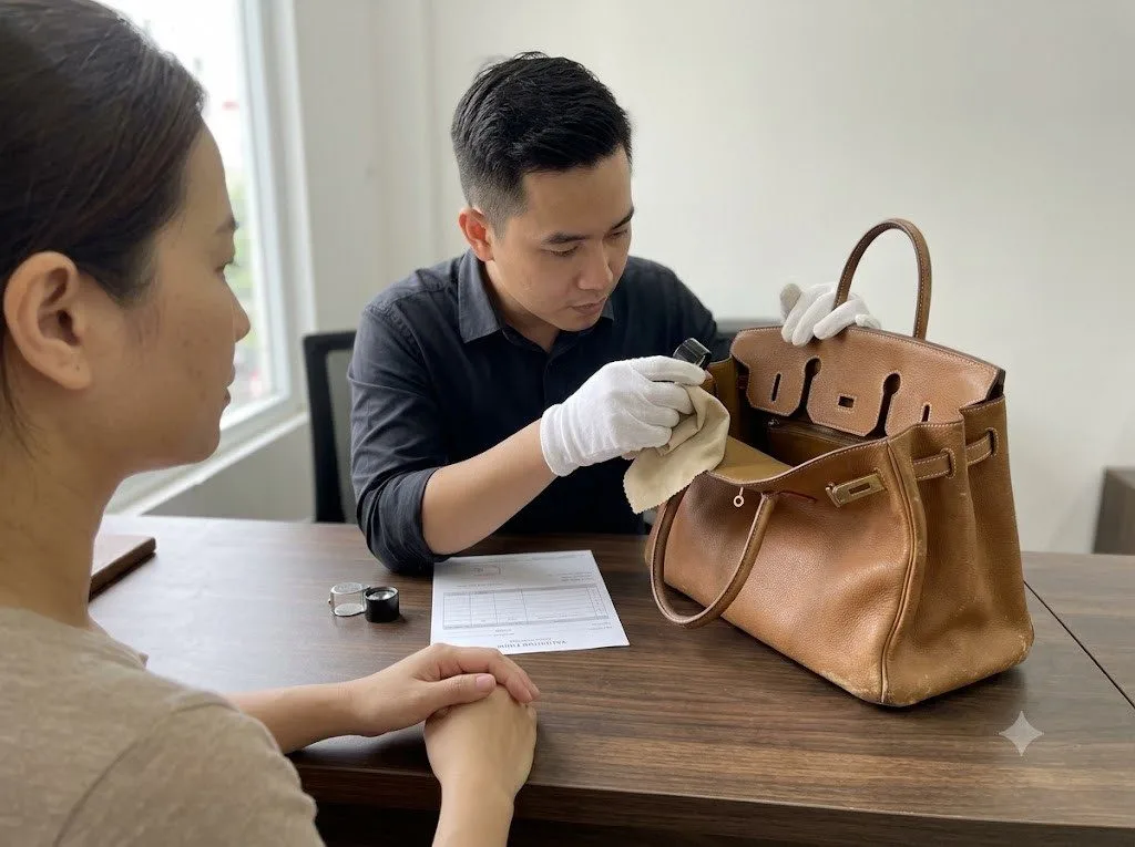 Specialist inspecting a designer handbag during an in-store appraisal