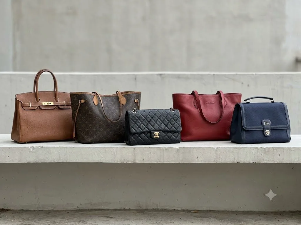 Pre-loved designer handbags from several brands displayed together