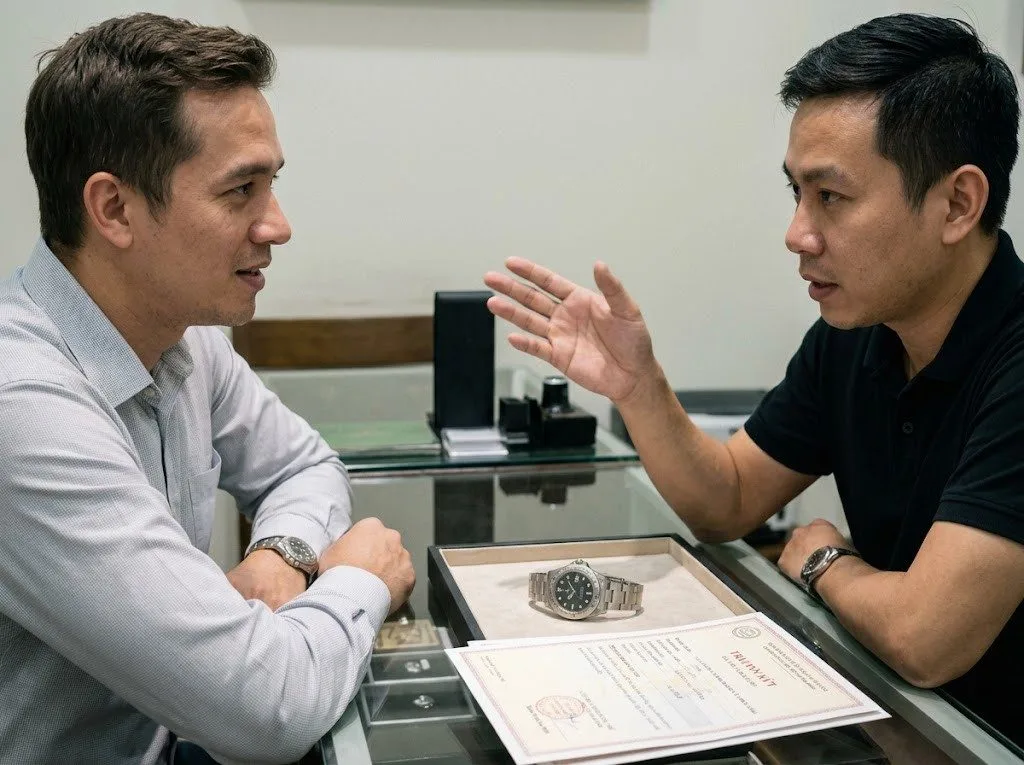 Seller and appraiser discussing a watch valuation across a counter